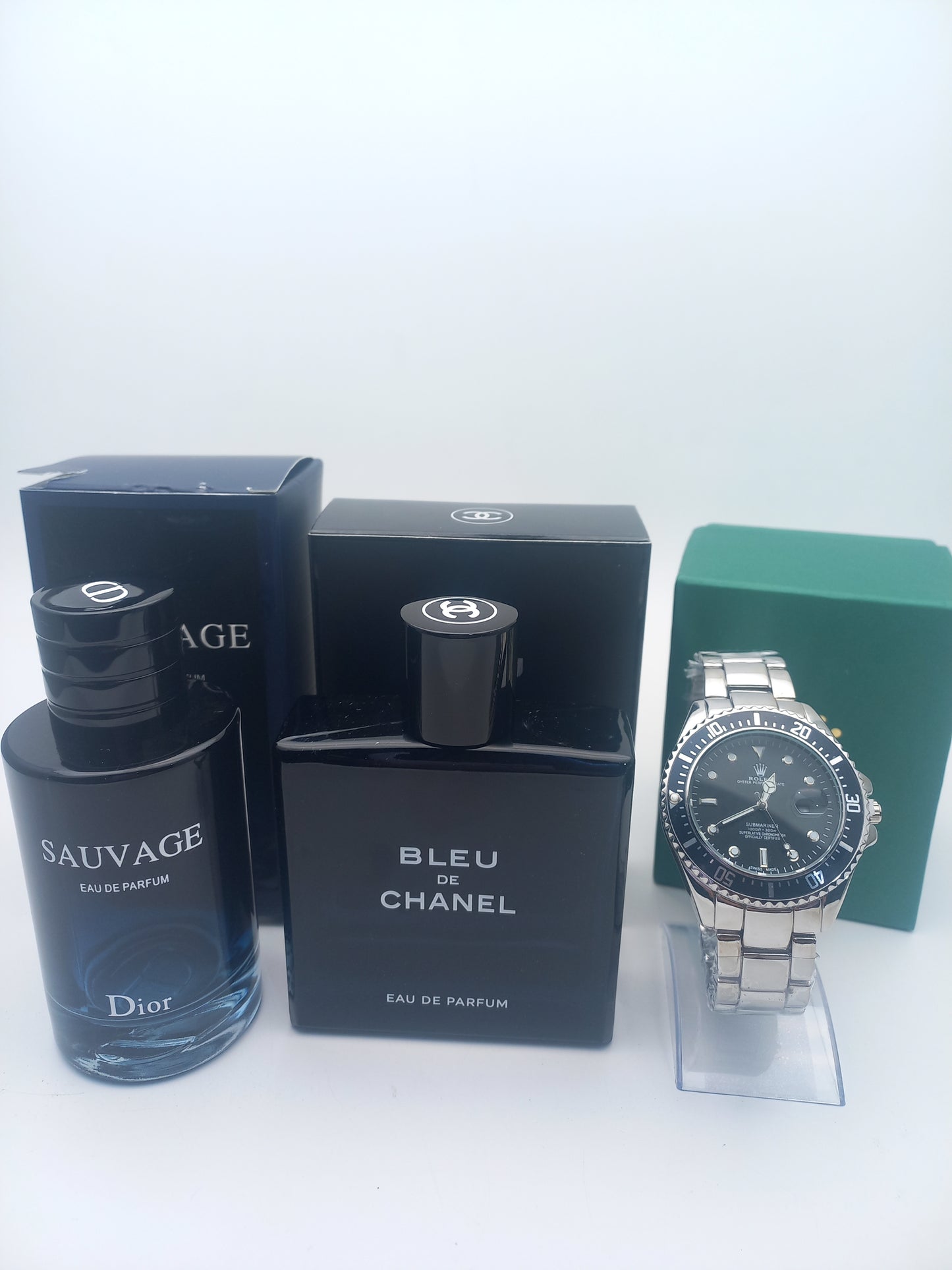 KIT PERFUMES X2 + RELOJ ROLEX PLATA NEGRO