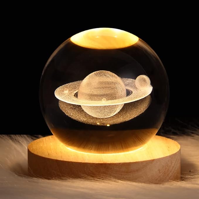 Lámpara Saturno 3D de Cristal y Madera | Luz Nocturna Decorativa