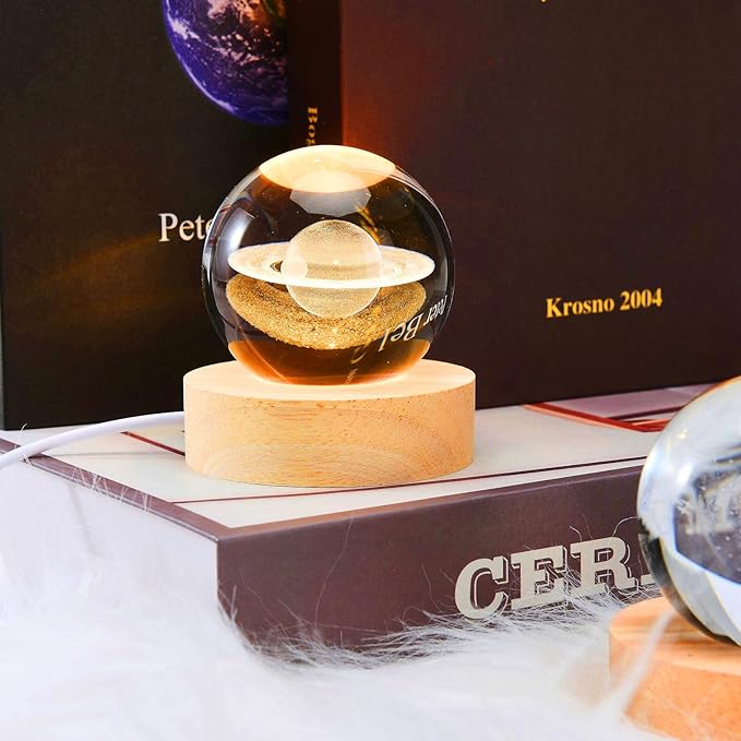 Lámpara Saturno 3D de Cristal y Madera | Luz Nocturna Decorativa