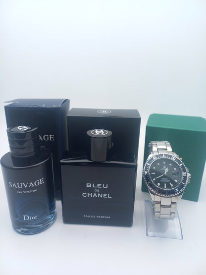KIT PERFUMES X2 + RELOJ ROLEX PLATA NEGRO
