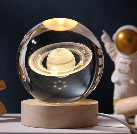 Lámpara Saturno 3D de Cristal y Madera | Luz Nocturna Decorativa
